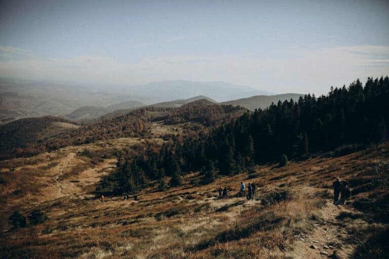 Dva turisté jdou po lesní stezce mezi podzimně zbarvenými stromy v kopcovité krajině