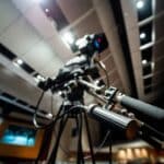 Profesionální televizní kamera s objektivem na stativu a svazkem kabelů ve studiu